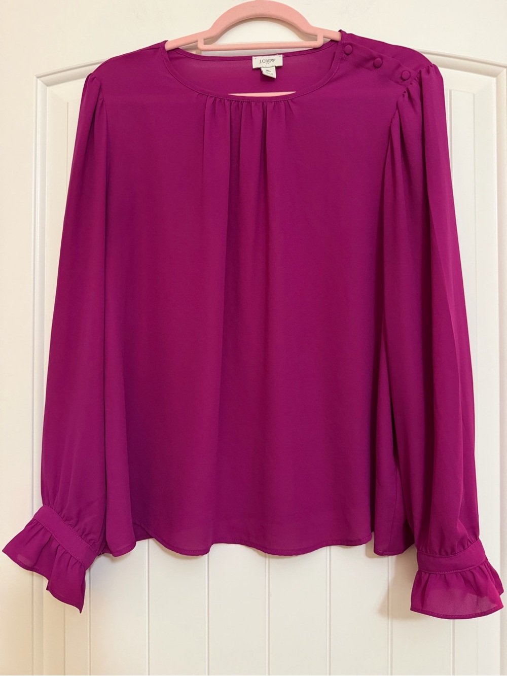 J. Crew Magenta Ruffle Cuff Long-Sleeve Blouse Sz XL